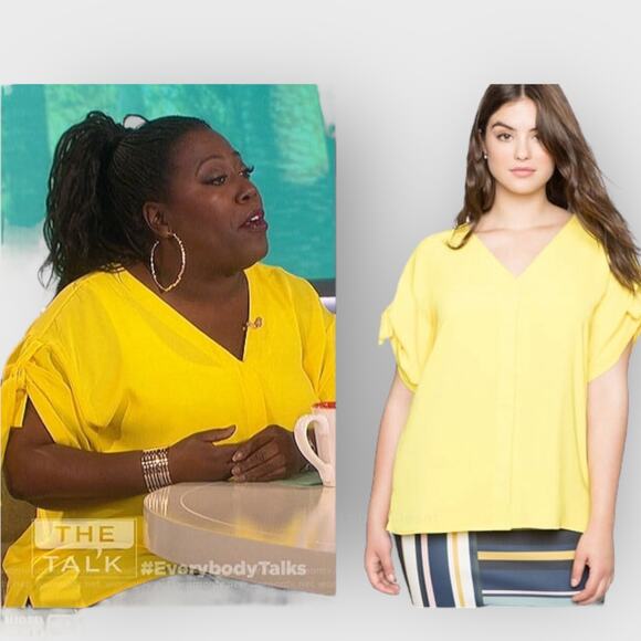 Eloquii Yellow V Neck Top 20 Short Sleeve Tie Detail Button Feminine Boho Look - Picture 2 of 9